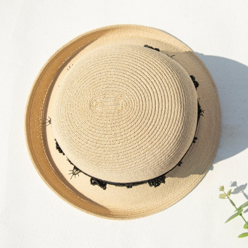 Straw Top Hat with Black Beads and Embroidery