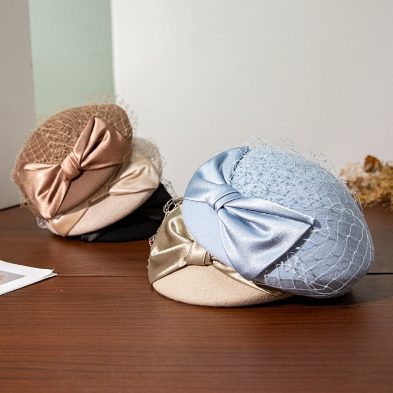 Felt Beret Pillbox Hat with Bow and Lace