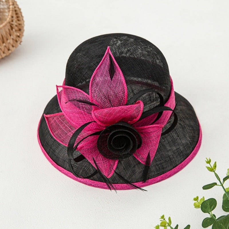 Multicolored Top Hat Rolled Edge with Handmade Linen Yarn Flowers