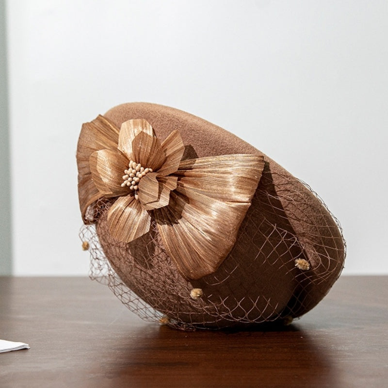 Felt Beret with Pearl Flower and Lace