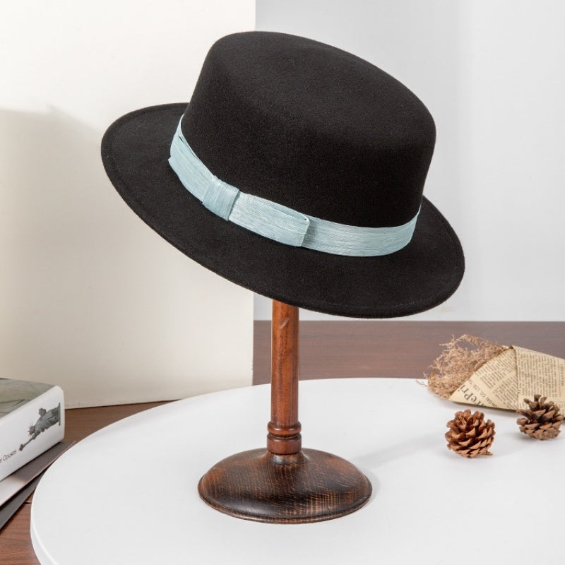 Felt Flat Roof Top Hat with Woven Webbing Decoration