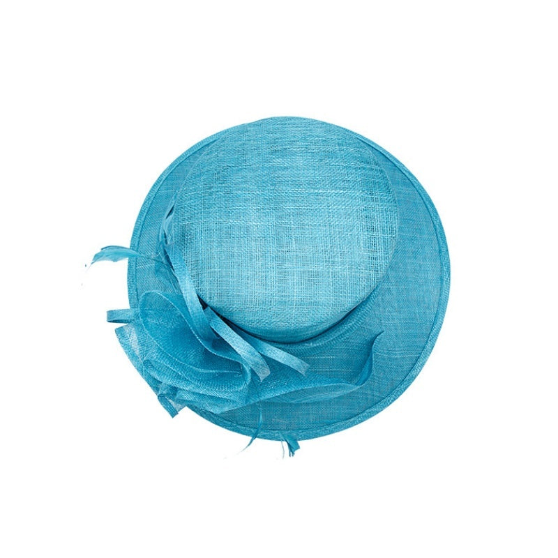 Water Blue Linen Yarn Top Hat with Floral Decoration
