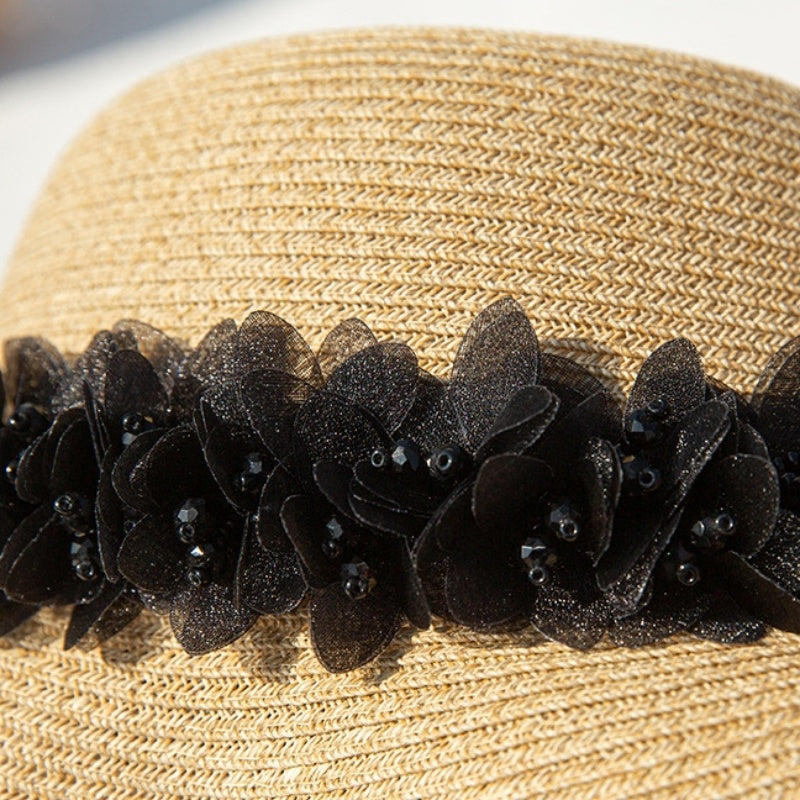 Straw Hat with Mesh Petal Decorative Strips