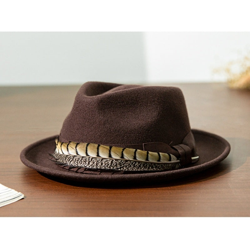 Wide Brim Rolled Edge Top Hat with Feather and Bow Decoration