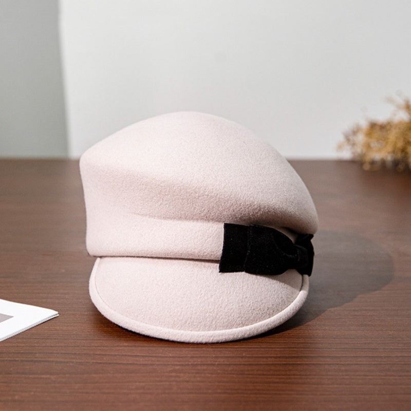 Felt Equestrian Newsboy Hat with Velvet Bow Decoration