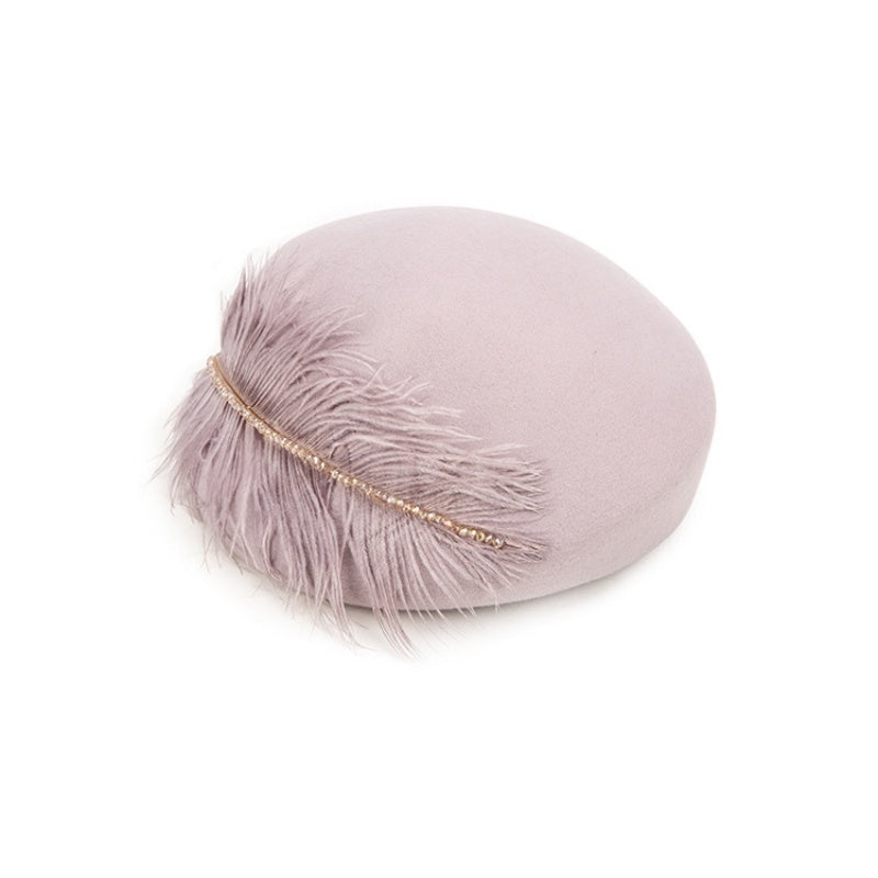 Felt Pillbox Hat with Crystal and Feather Decorations