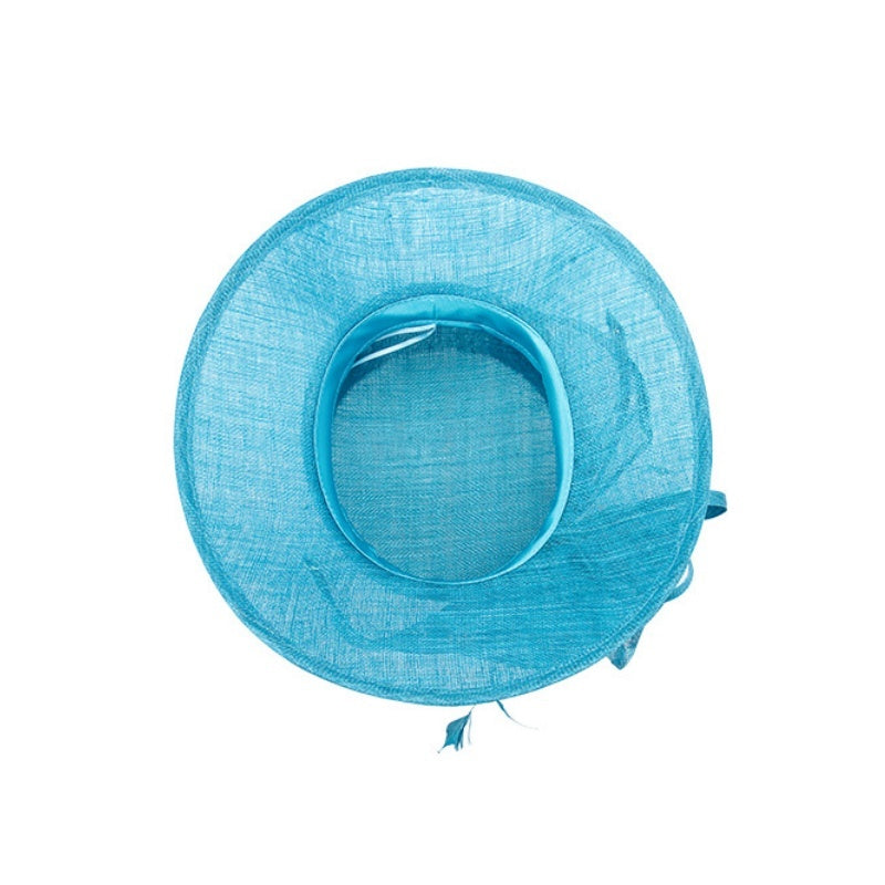 Water Blue Linen Yarn Top Hat with Floral Decoration