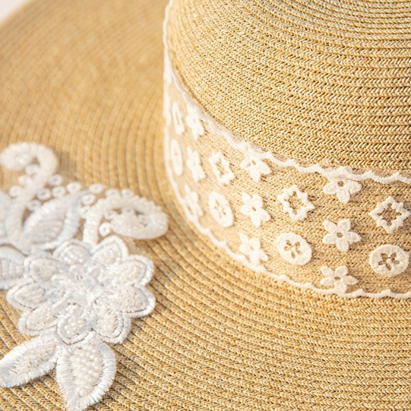 Wide Brim Straw Hat with Lace Decorative Strip and Lace Embroidery Patch
