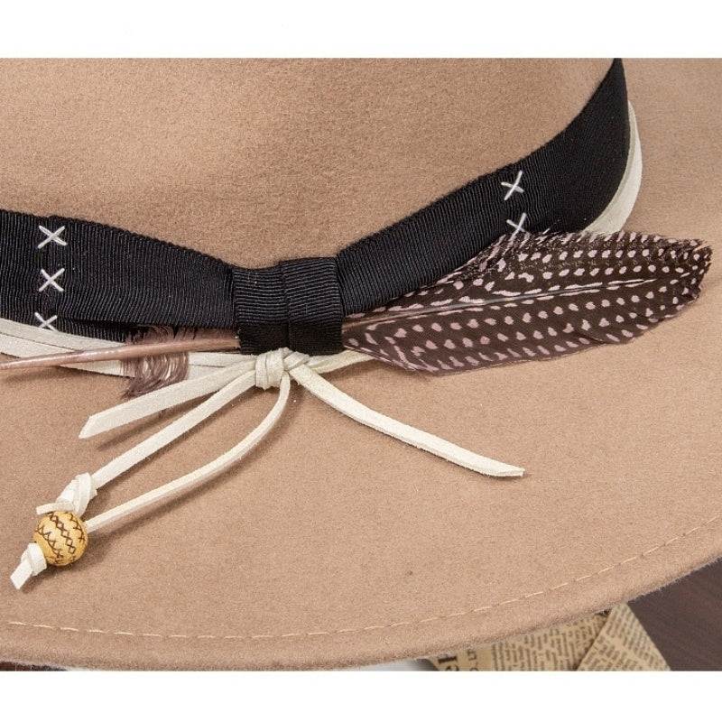 Felt Wide Brim Cowboy Hat with Bow Webbing and Feather