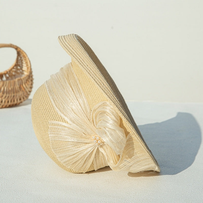 Sun Hat Rolled Edge with Pearls and Ribbons