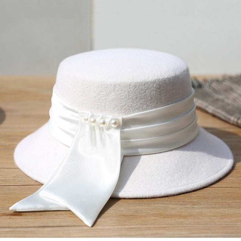 Felt Bucket Hat with Ribbons and Pearls