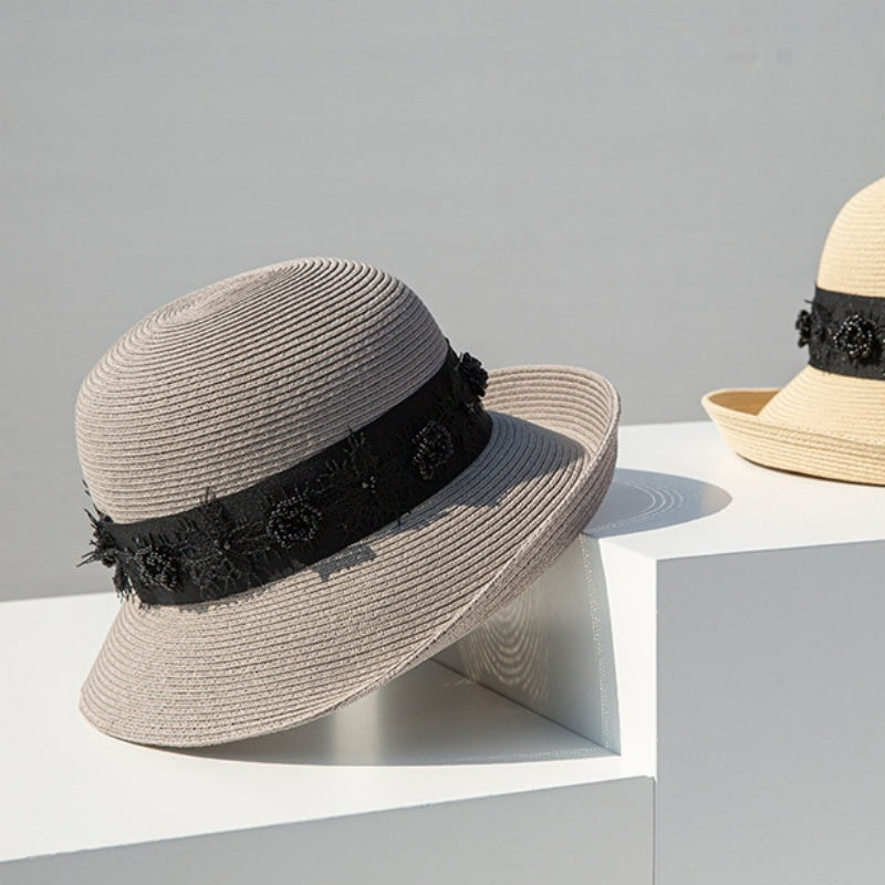 Straw Top Hat with Black Beads and Embroidery
