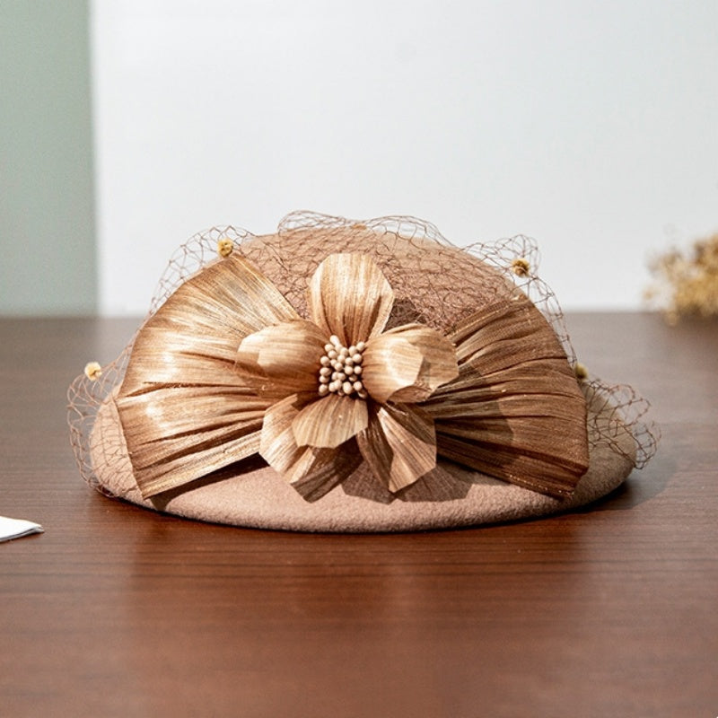 Felt Beret with Pearl Flower and Lace