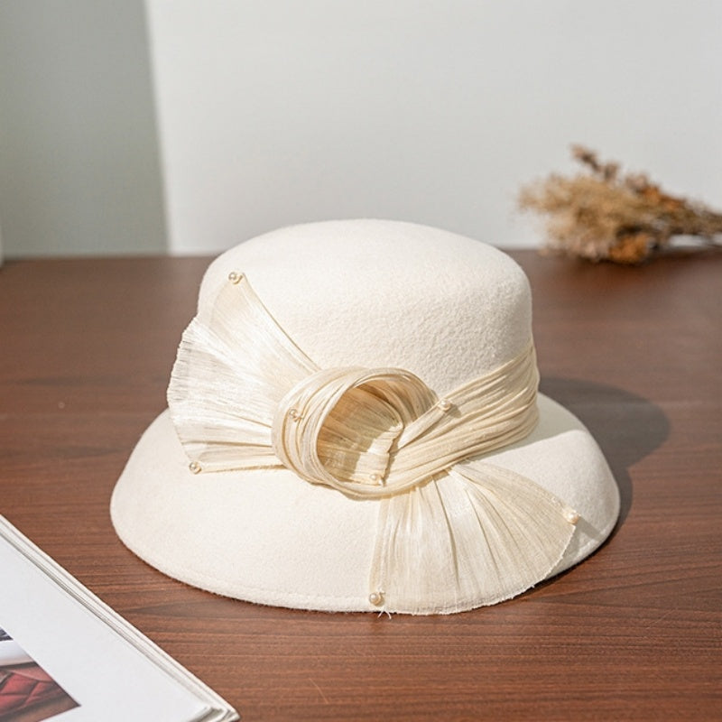 Felt Top Hat with Linen Bow and Pearl