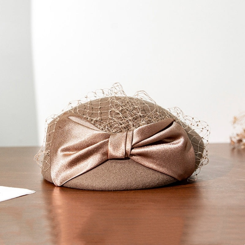 Felt Beret Pillbox Hat with Bow and Lace