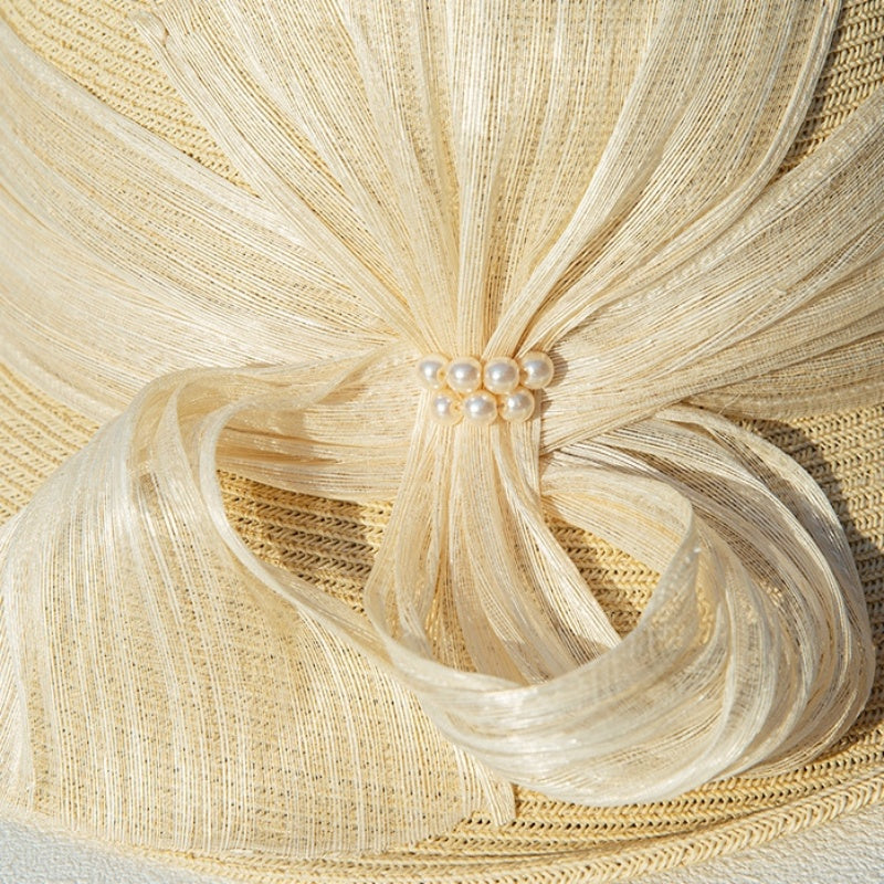Sun Hat Rolled Edge with Pearls and Ribbons