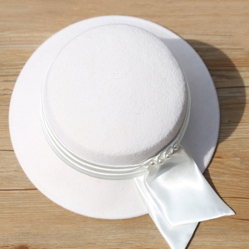 Felt Bucket Hat with Ribbons and Pearls