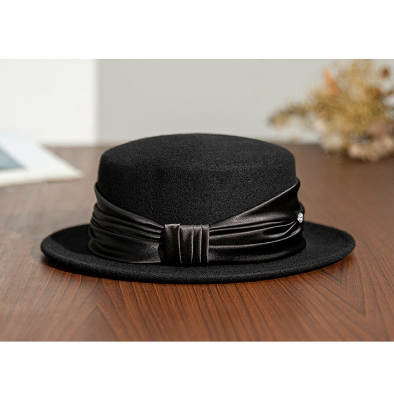 Felt Flat Top Hat with Bow Webbing and Crystal