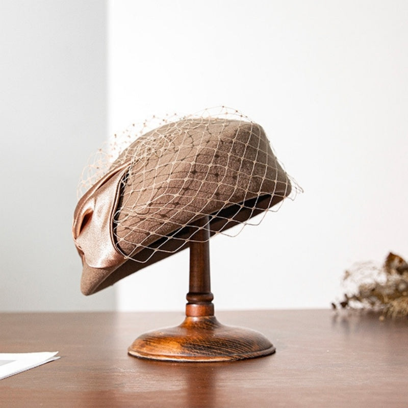 Felt Beret Pillbox Hat with Bow and Lace
