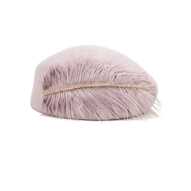Felt Pillbox Hat with Crystal and Feather Decorations