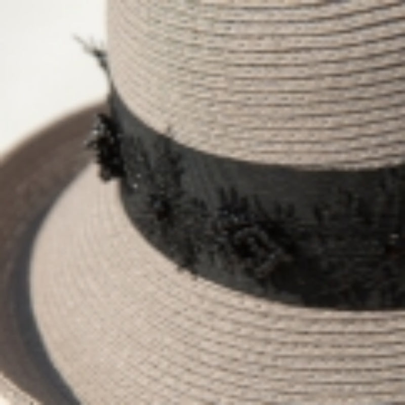 Straw Top Hat with Black Beads and Embroidery