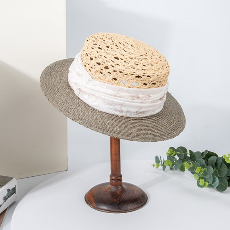 Spliced Color Bowler Hat Sun Hat with Printed Webbing