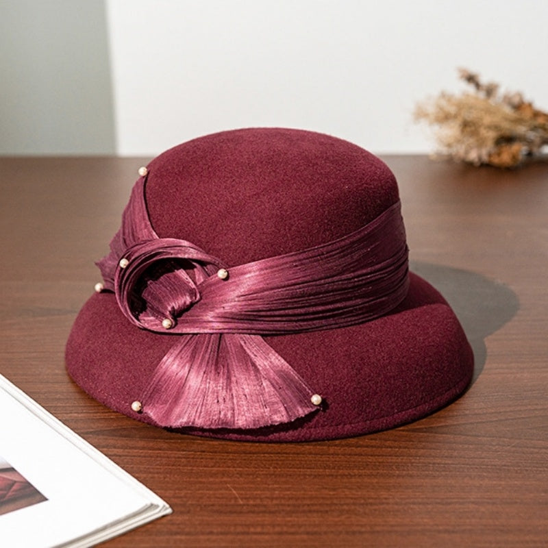 Felt Top Hat with Linen Bow and Pearl
