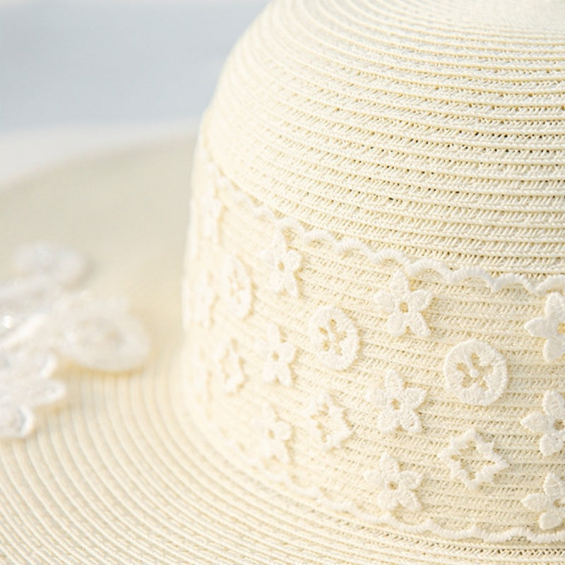 Wide Brim Straw Hat with Lace Decorative Strip and Lace Embroidery Patch