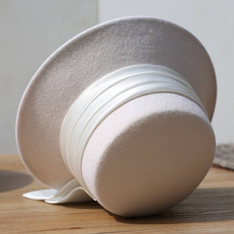 Felt Bucket Hat with Ribbons and Pearls