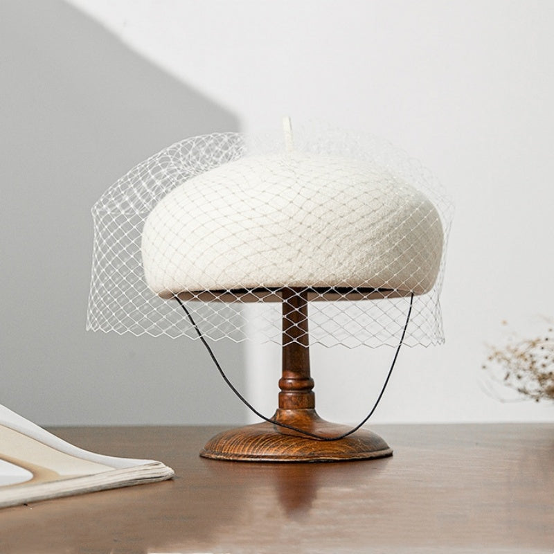 Felt Beret with Grid Veil