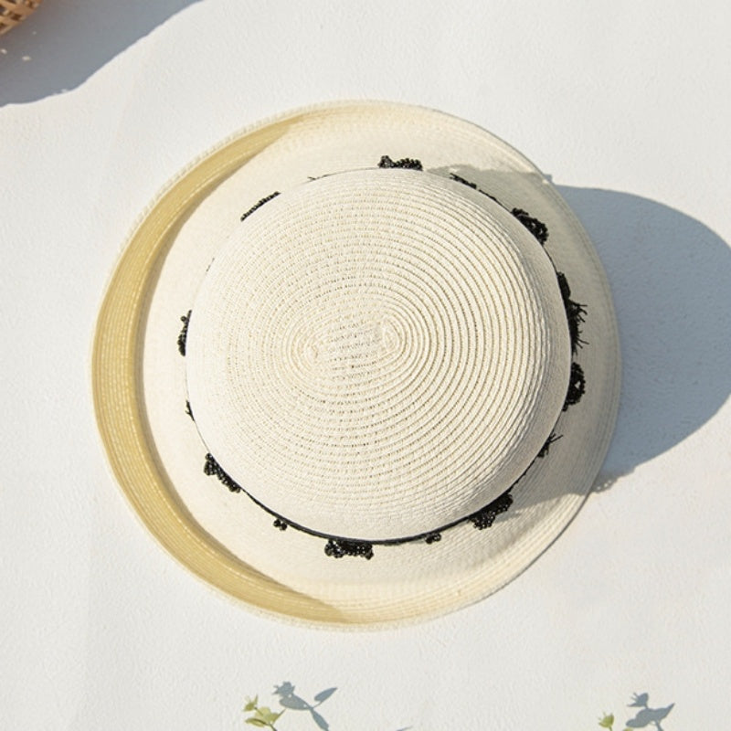 Straw Top Hat with Black Beads and Embroidery