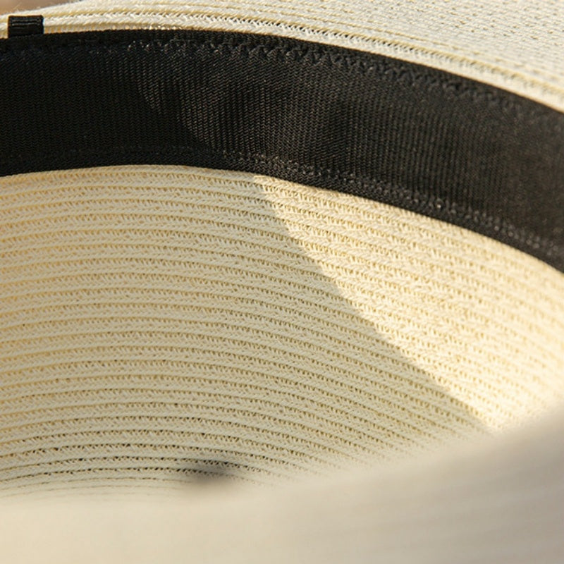 Wide Brim Straw Hat with Lace Decorative Strip and Lace Embroidery Patch