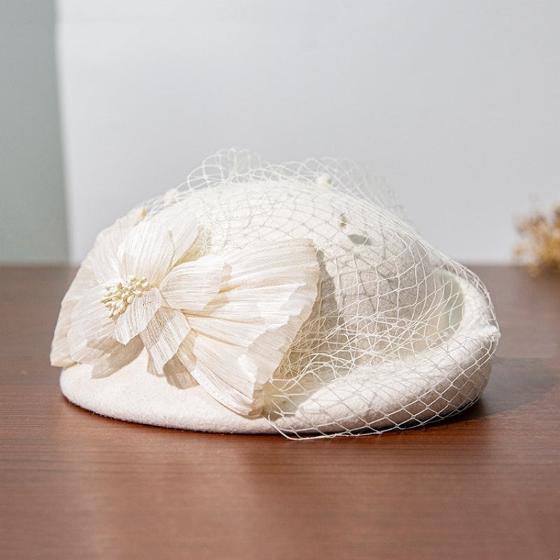 Felt Beret with Pearl Flower and Lace