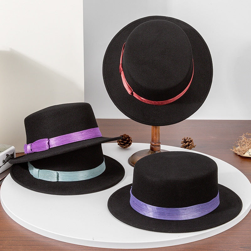 Felt Flat Roof Top Hat with Woven Webbing Decoration