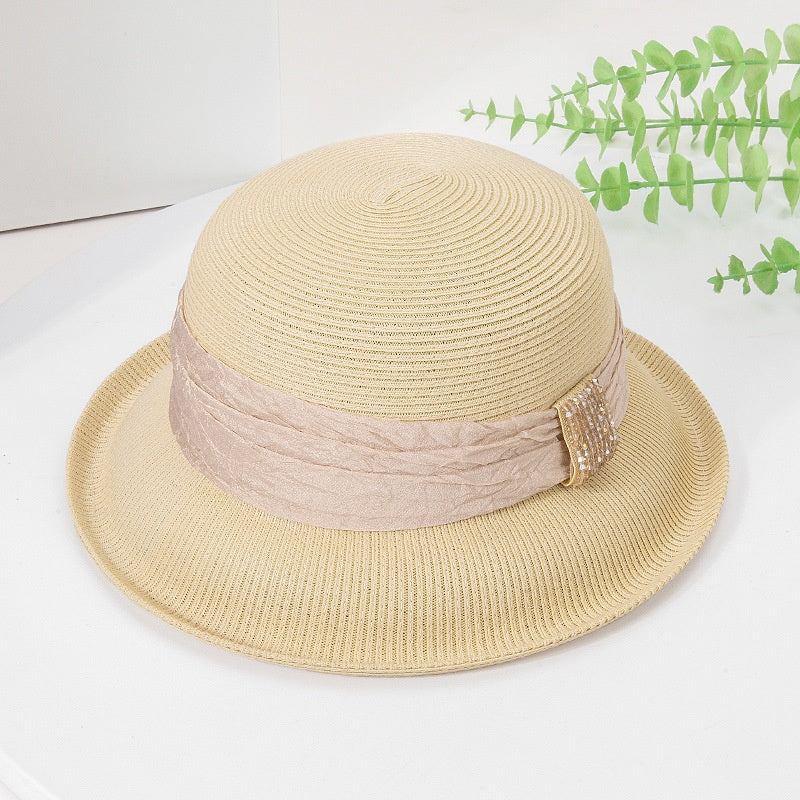 Rolled Edge Sun Hat with Linen Yarn Webbing and Crystal