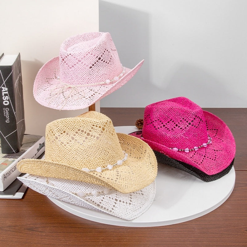 Straw Cowboy Hat Sun Hat with String of Beads