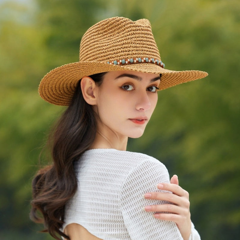 Straw Cowboy Hat with Beaded Decoration