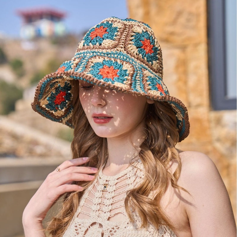 Straw Bucket Hat with Colorful Patterns