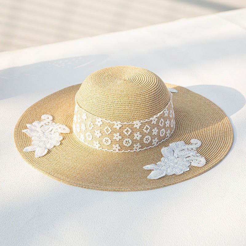 Wide Brim Straw Hat with Lace Decorative Strip and Lace Embroidery Patch