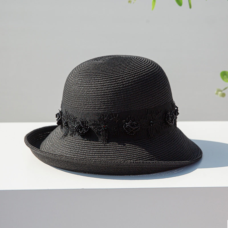 Straw Top Hat with Black Beads and Embroidery