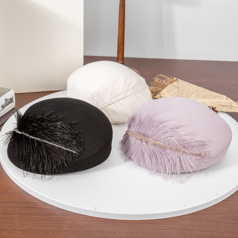 Felt Pillbox Hat with Crystal and Feather Decorations
