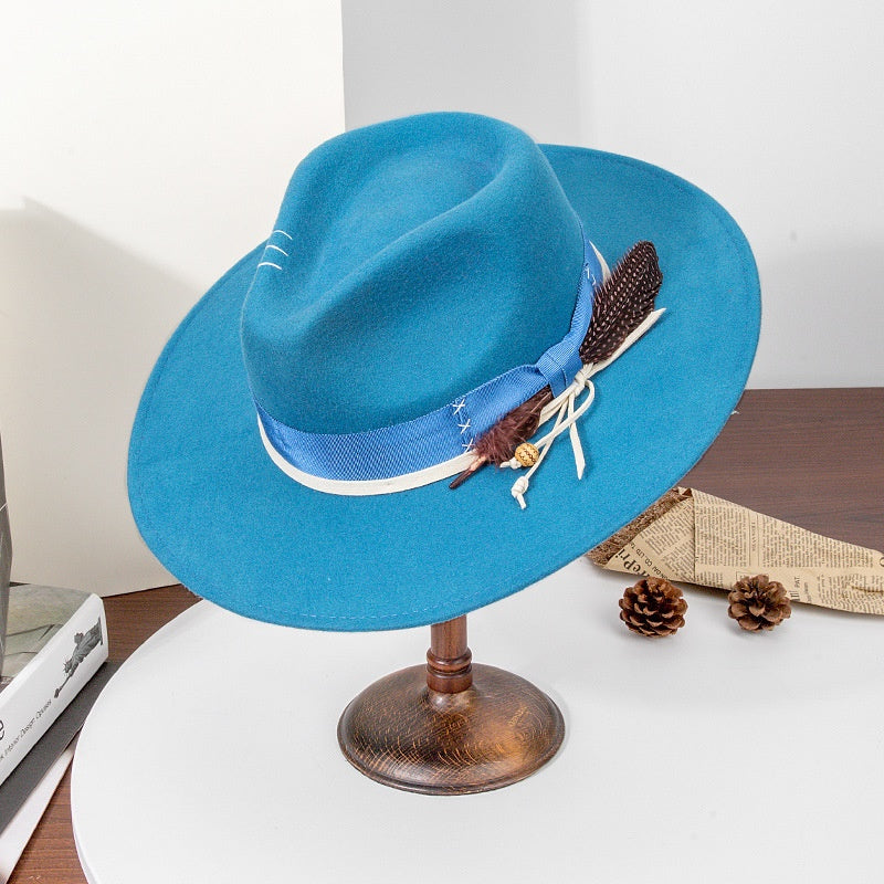 Felt Wide Brim Cowboy Hat with Bow Webbing and Feather