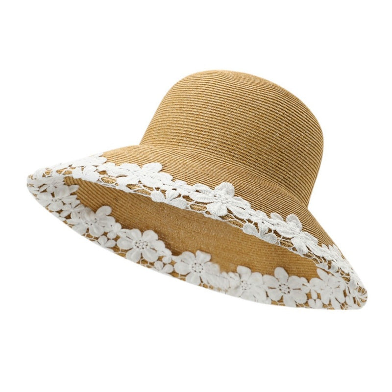 Straw Hat with Floral Lace Embroidery