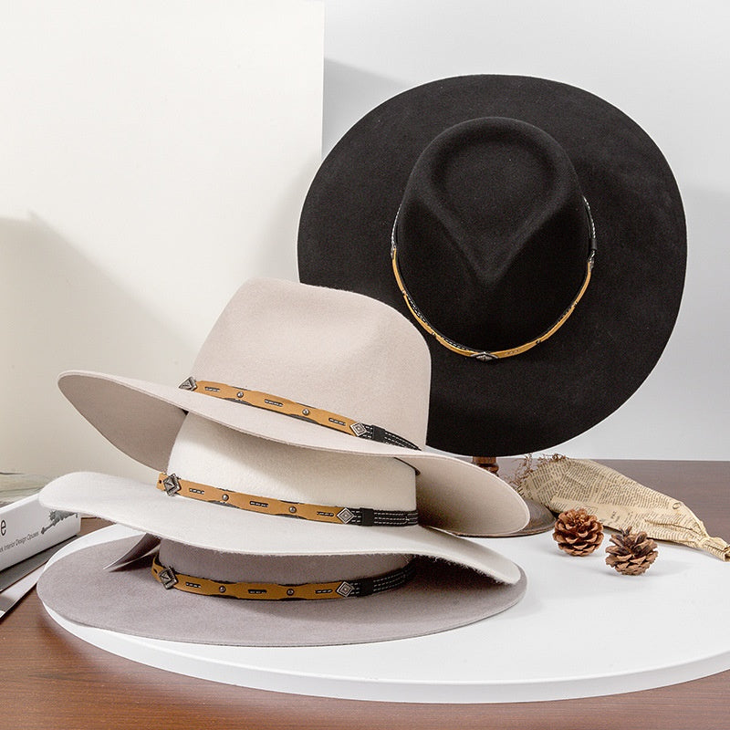 Felt Cowboy Hat with Copper Buckle Leather Strap