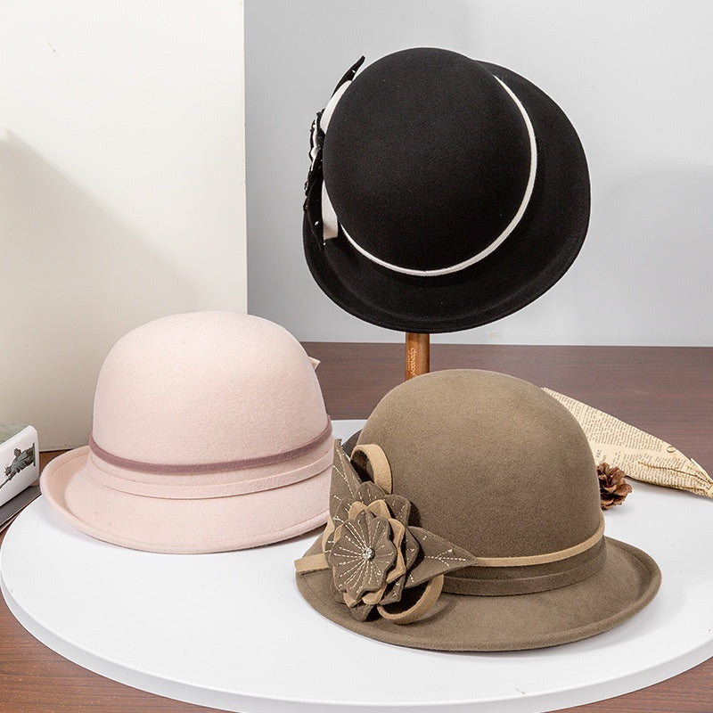 Felt Top Hat with Flower and Zircon Decoration