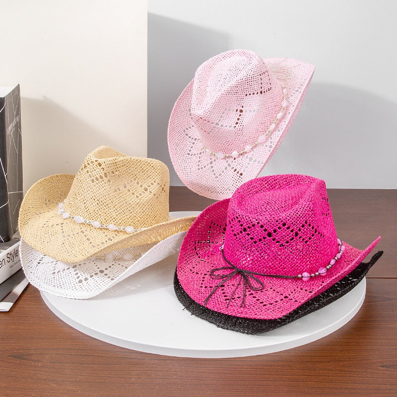 Straw Cowboy Hat Sun Hat with String of Beads