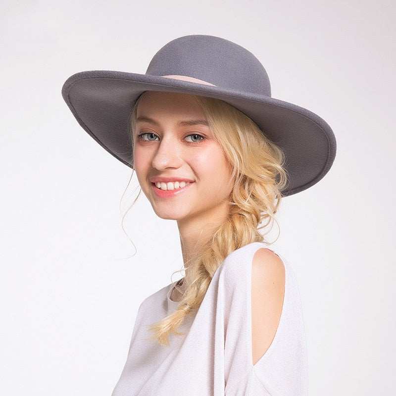 Light Grey Felt Wide Brim Top Hat with Webbing