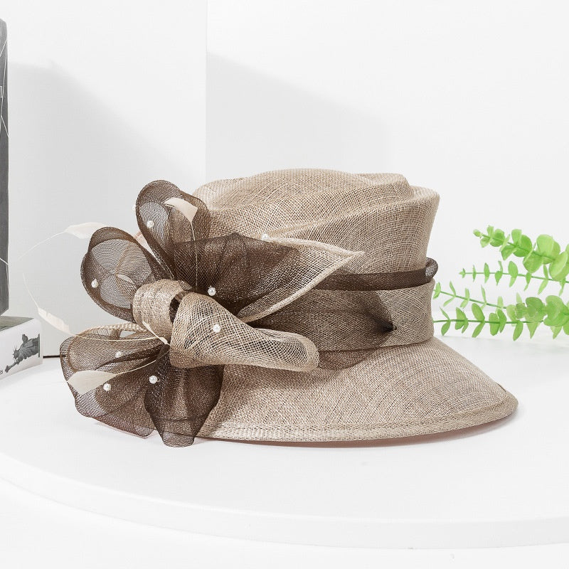 Linen Yarn Top Hat with Floral Decoration and Beads