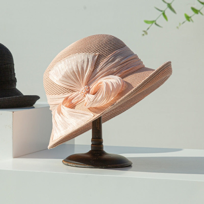 Sun Hat Rolled Edge with Pearls and Ribbons