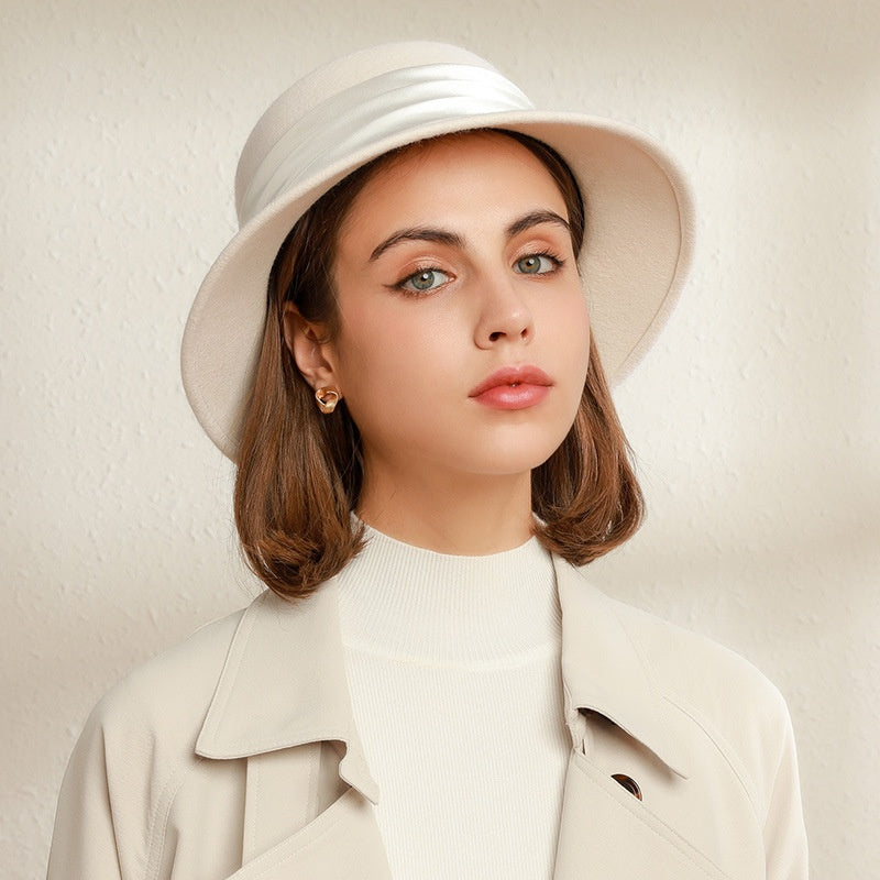 Felt Bucket Hat with Ribbons and Pearls